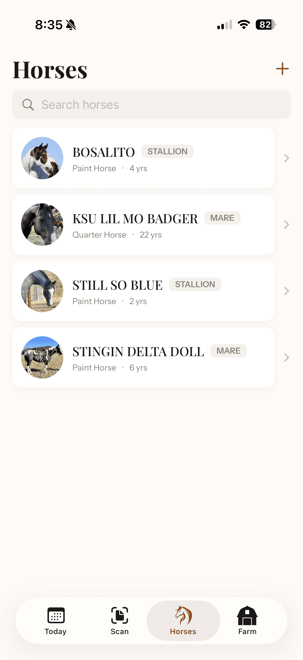 Horse list showing your herd with photos and breed info