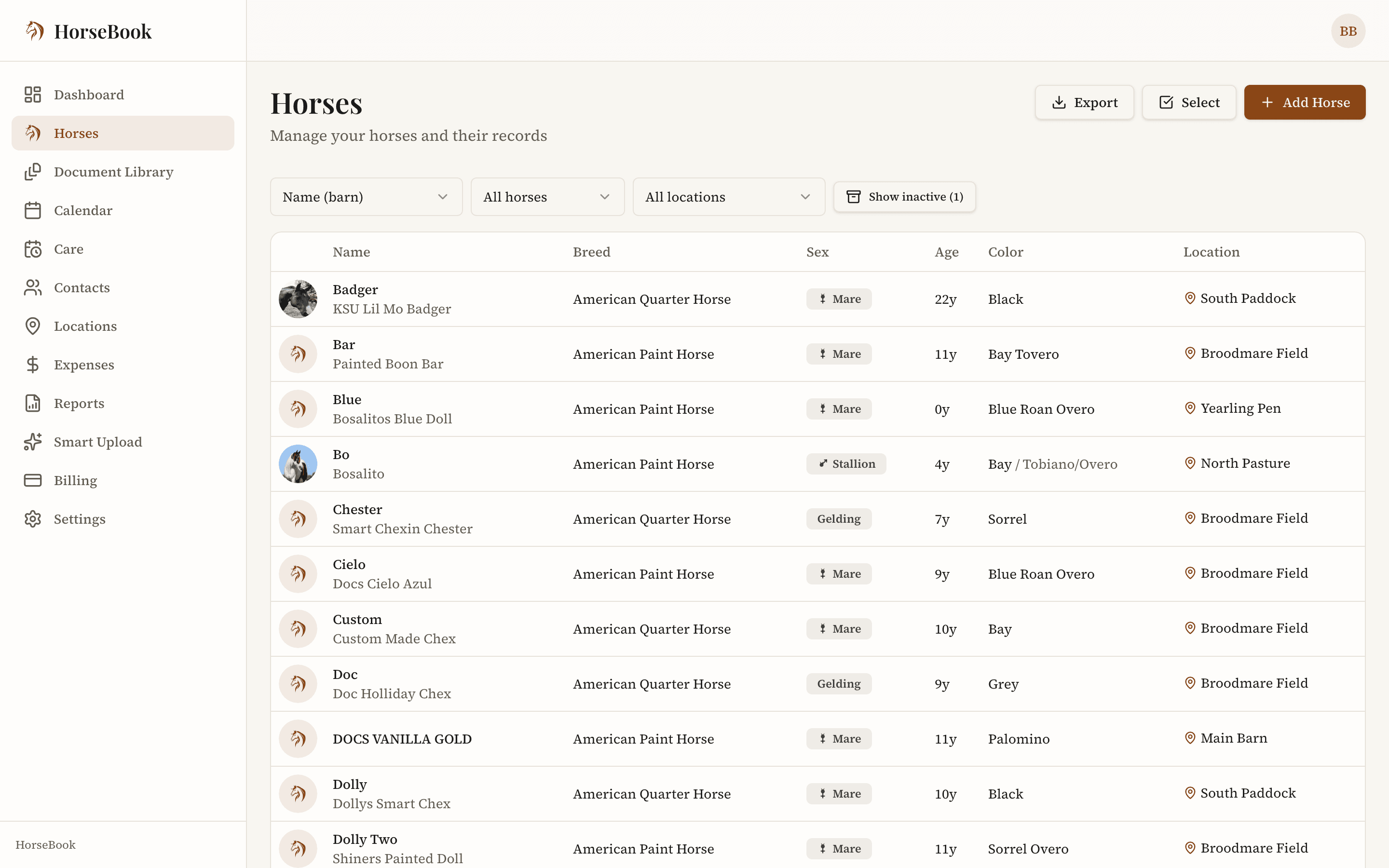Web dashboard horse list showing breed, sex, age, colour and the barn or pasture each horse is standing in, with filters for horse type and location